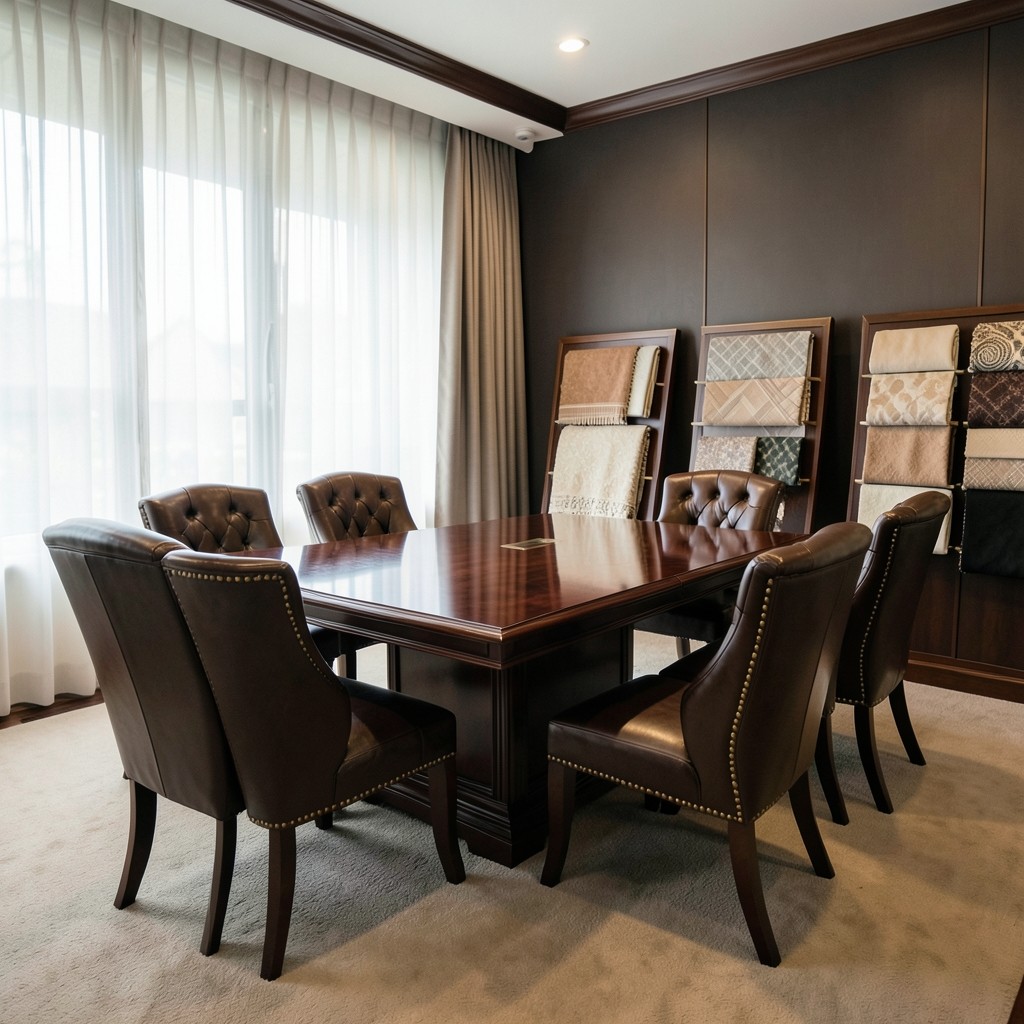 Quiet Dusit meeting room with dark wood table and merchandising sample boards