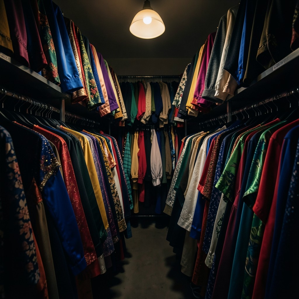 Colorful apparel hung in a compact retail stockroom