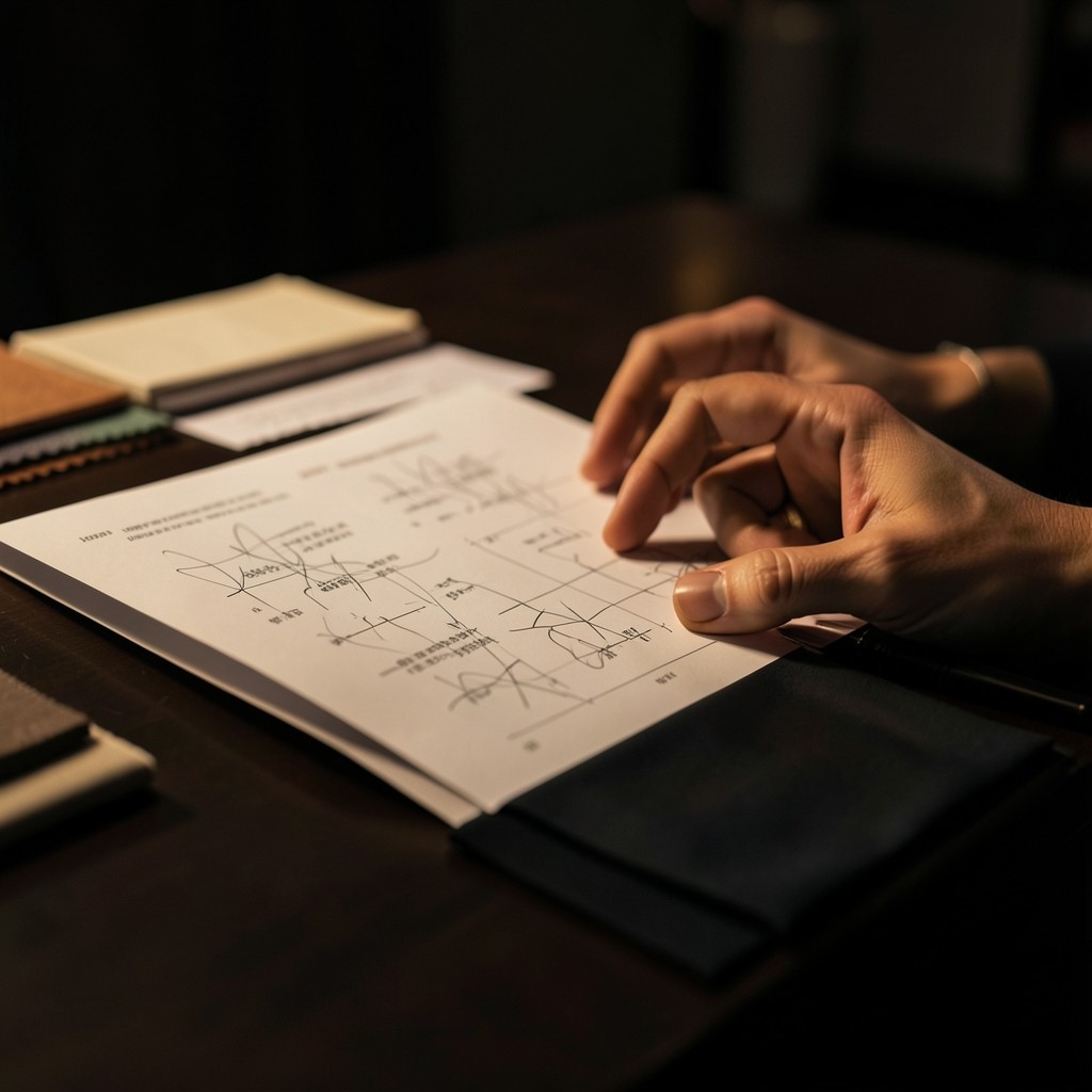 Planner reviewing printed financial sheets beside fabric samples