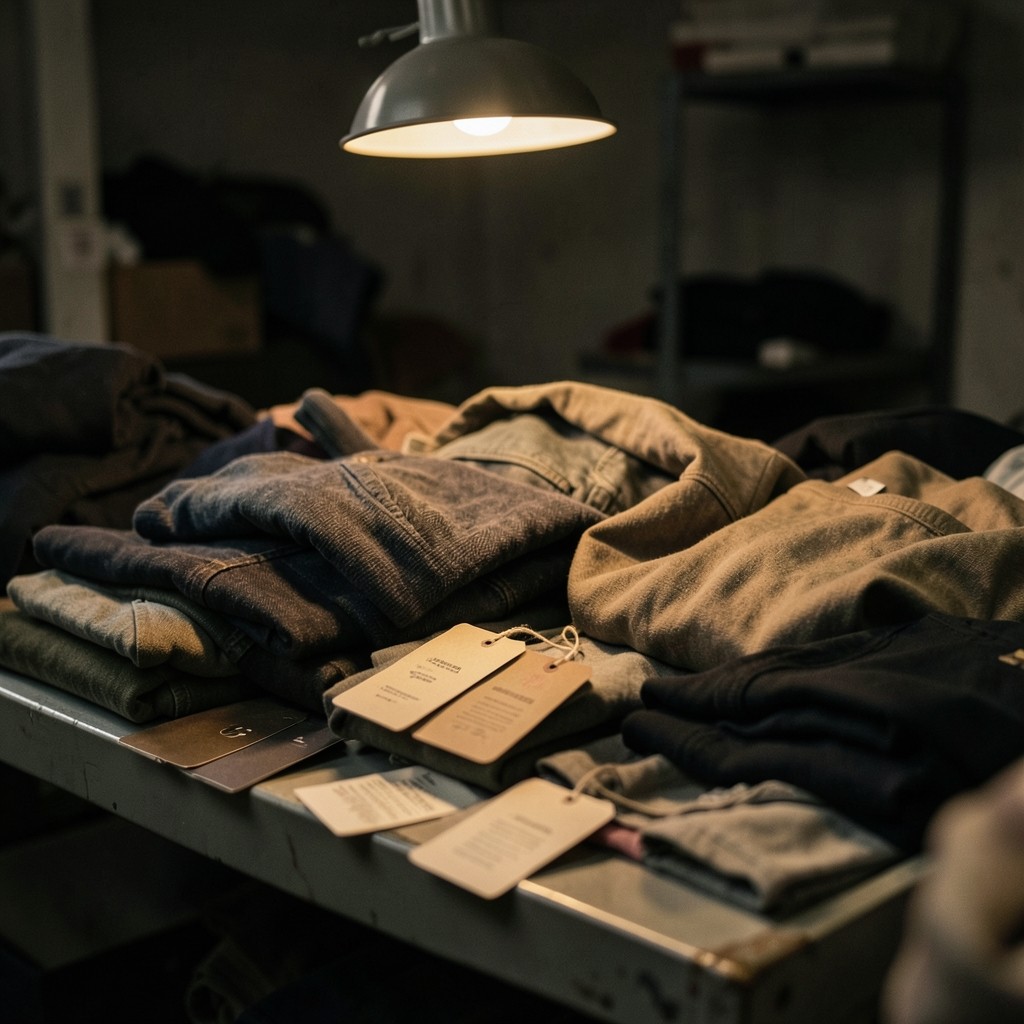 Close view of inventory tags and folded apparel on a sorting table