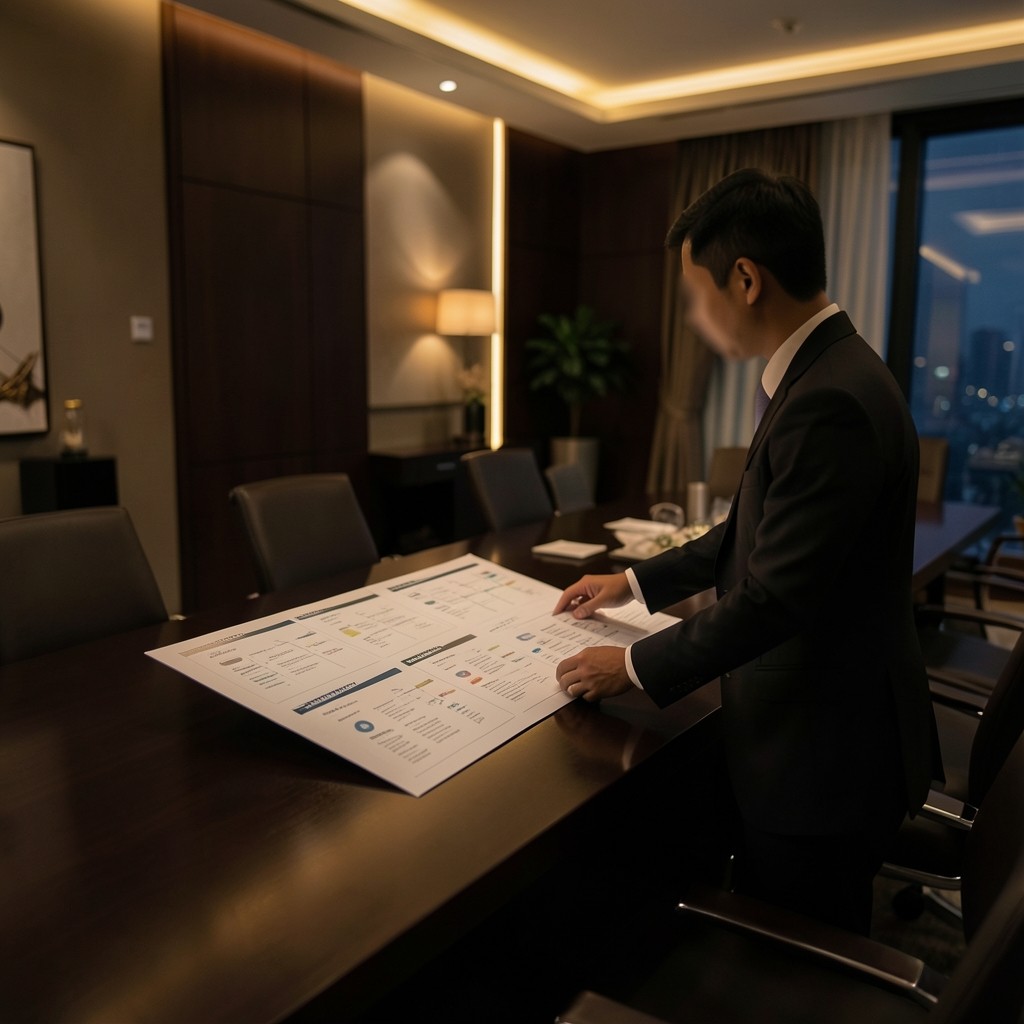 Analyst arranging printed assortment charts on a dark conference table
