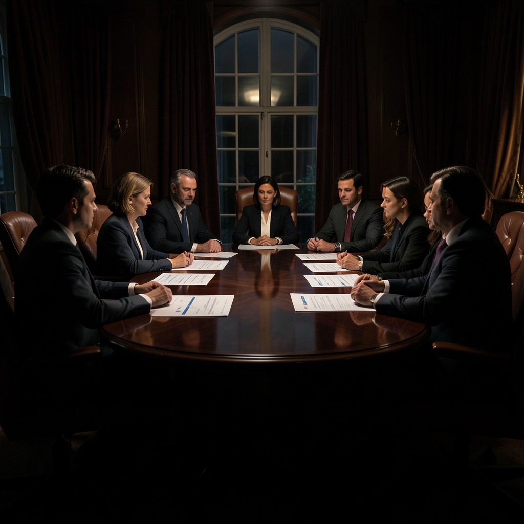 Merchandising committee reviewing large printed charts in a dimly lit boardroom