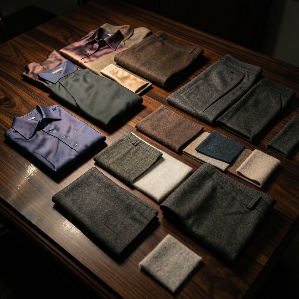 Assorted apparel samples arranged on a planning table under warm light