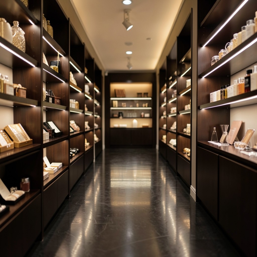 Retail aisle with carefully merchandised product shelves