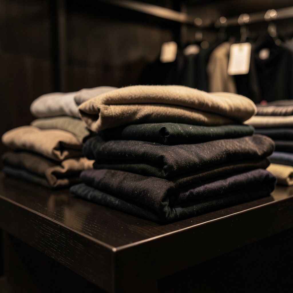 Sale tags and folded garments on a merchandising counter