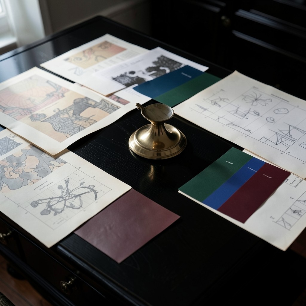 Printed charts and color swatches spread across a dark wood desk