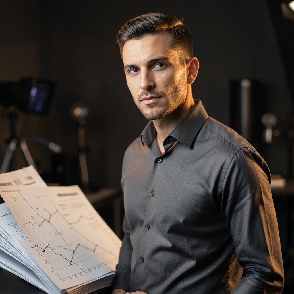 Portrait of a visual analyst beside printed chart boards